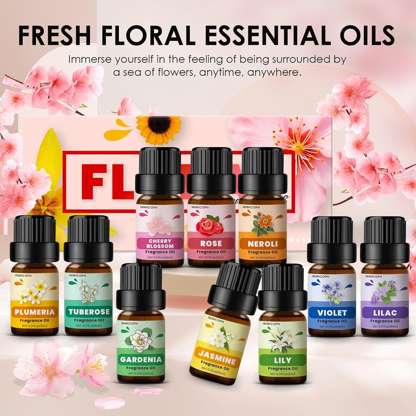 Floral Essential Oils, INWICOPH Flower Fragrance Oil for Candle Making - Rose, Jasmine, Neroli, Gardenia, Lilac, Plumeria and More, Aromatherapy Oils for Diffusers for Home