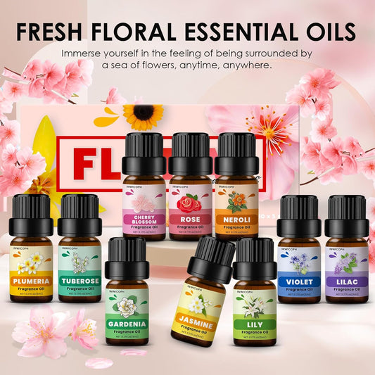 Floral Essential Oils, INWICOPH Flower Fragrance Oil for Candle Making - Rose, Jasmine, Neroli, Gardenia, Lilac, Plumeria and More, Aromatherapy Oils for Diffusers for Home