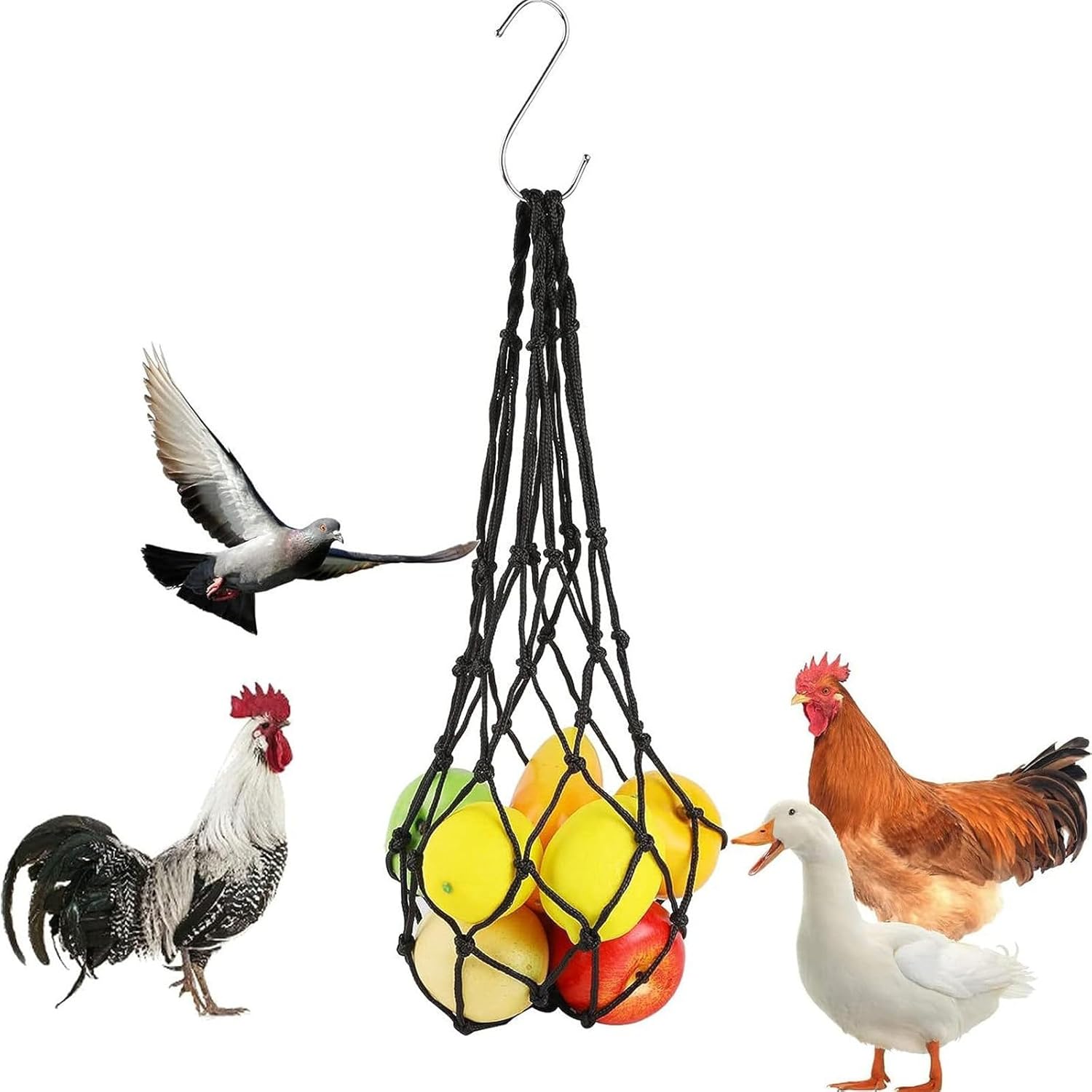 Chicken Vegetable Hanging Feeder, Chicken Vegetable String Bag, Poultry Fruit Holder Chicken Cabbage Feeder Treat Feeding Tool with S Hook for Hens Chicken Coop Toy for Hen Duck Accessories - TrendyLookz