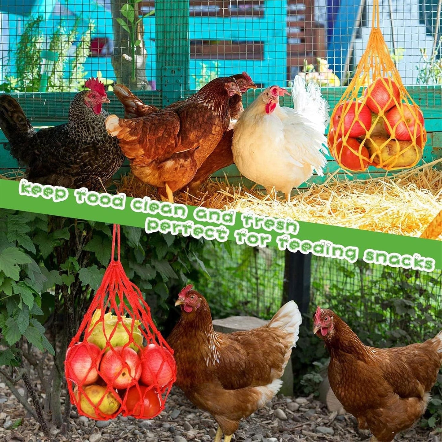 Chicken Vegetable Hanging Feeder, Chicken Vegetable String Bag, Poultry Fruit Holder Chicken Cabbage Feeder Treat Feeding Tool with S Hook for Hens Chicken Coop Toy for Hen Duck Accessories - TrendyLookz