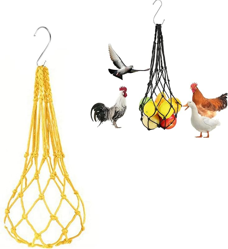 Chicken Vegetable Hanging Feeder, Chicken Vegetable String Bag, Poultry Fruit Holder Chicken Cabbage Feeder Treat Feeding Tool with S Hook for Hens Chicken Coop Toy for Hen Duck Accessories - TrendyLookz