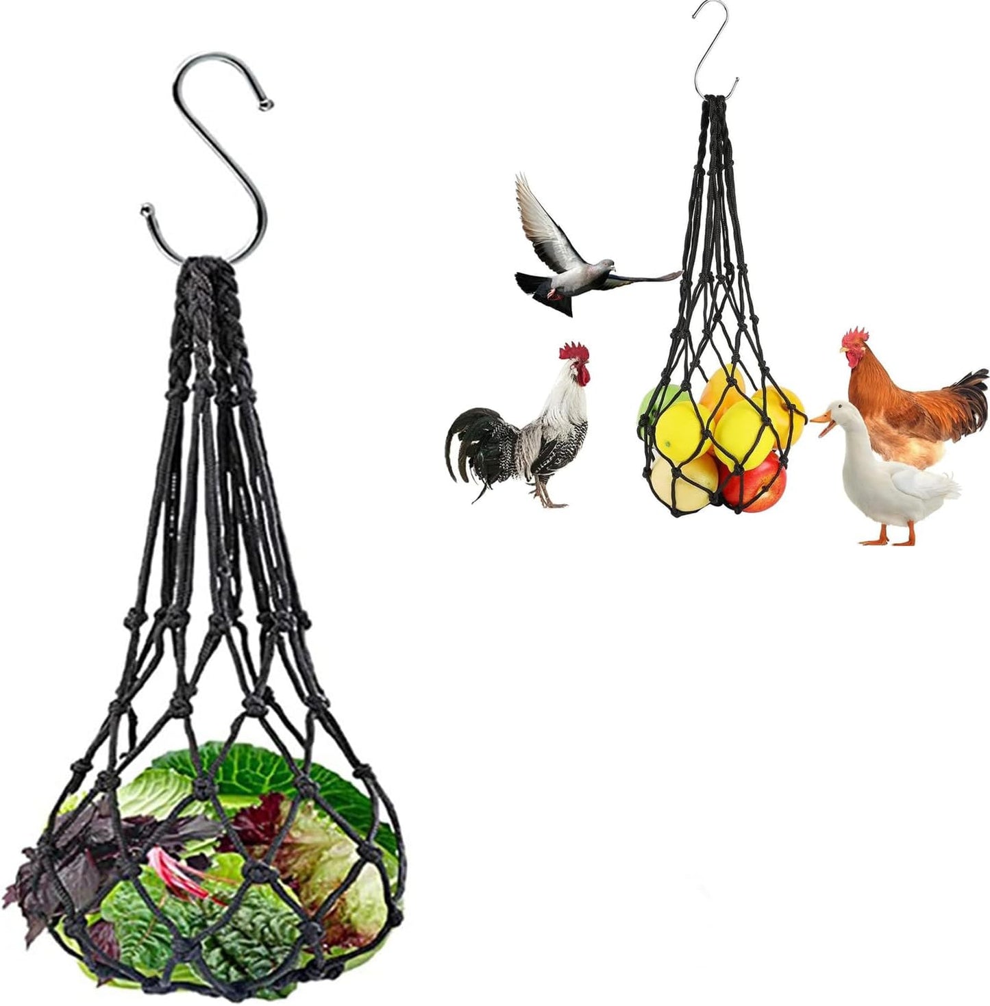 Chicken Vegetable Hanging Feeder, Chicken Vegetable String Bag, Poultry Fruit Holder Chicken Cabbage Feeder Treat Feeding Tool with S Hook for Hens Chicken Coop Toy for Hen Duck Accessories - TrendyLookz