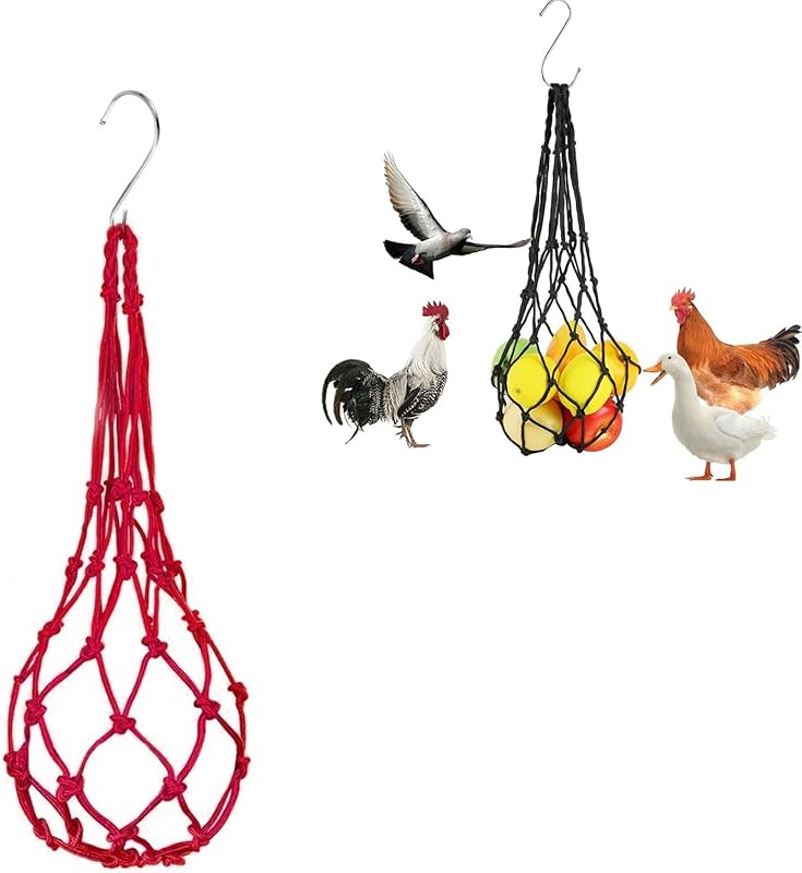Chicken Vegetable Hanging Feeder, Chicken Vegetable String Bag, Poultry Fruit Holder Chicken Cabbage Feeder Treat Feeding Tool with S Hook for Hens Chicken Coop Toy for Hen Duck Accessories - TrendyLookz