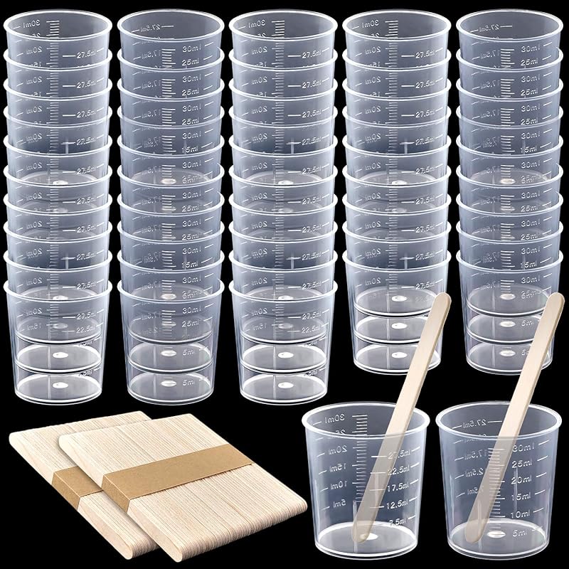 Coopay 50 Pack 60ml/2oz and 30ml/1oz Plastic Graduated Cups Transparent Scale Clear Epoxy Mixing Cup with 50 Pack Wooden Stirring Sticks for Resin, Epoxy, Stain, Mixing Paint - TrendyLookz
