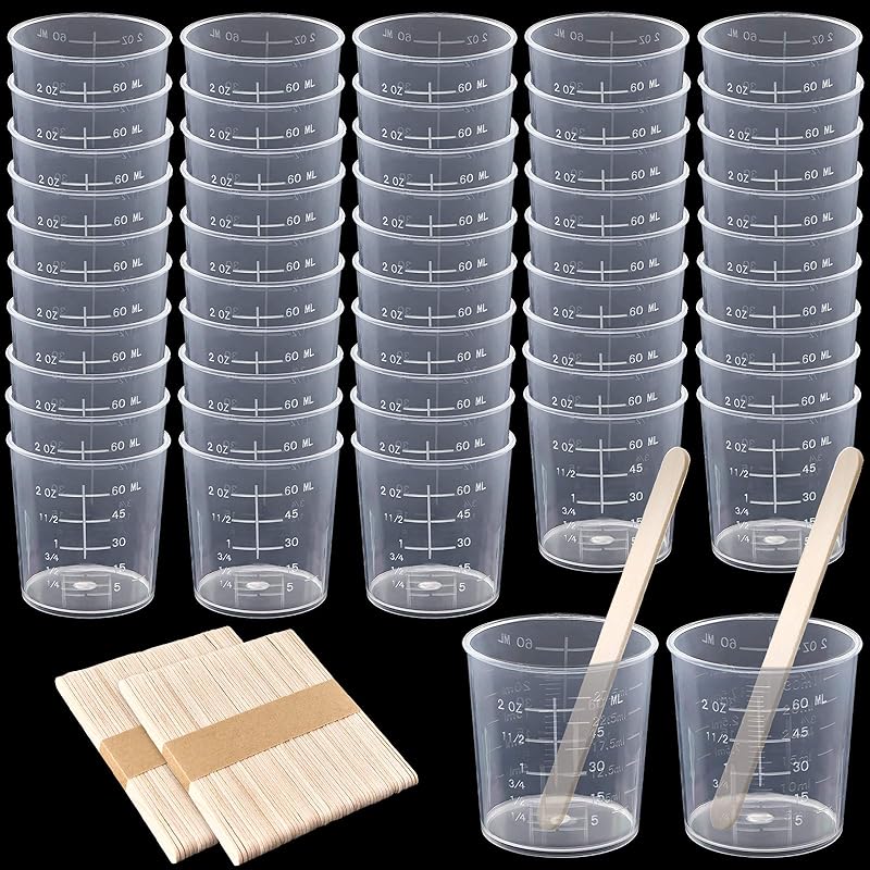 Coopay 50 Pack 60ml/2oz and 30ml/1oz Plastic Graduated Cups Transparent Scale Clear Epoxy Mixing Cup with 50 Pack Wooden Stirring Sticks for Resin, Epoxy, Stain, Mixing Paint - TrendyLookz