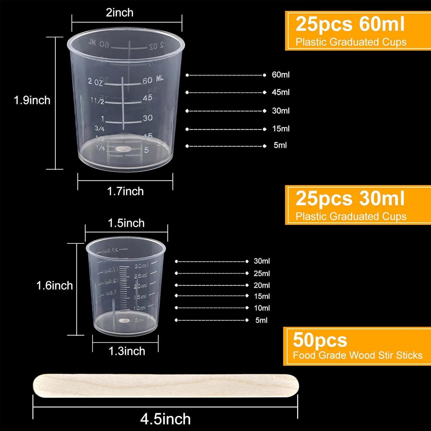 Coopay 50 Pack 60ml/2oz and 30ml/1oz Plastic Graduated Cups Transparent Scale Clear Epoxy Mixing Cup with 50 Pack Wooden Stirring Sticks for Resin, Epoxy, Stain, Mixing Paint - TrendyLookz