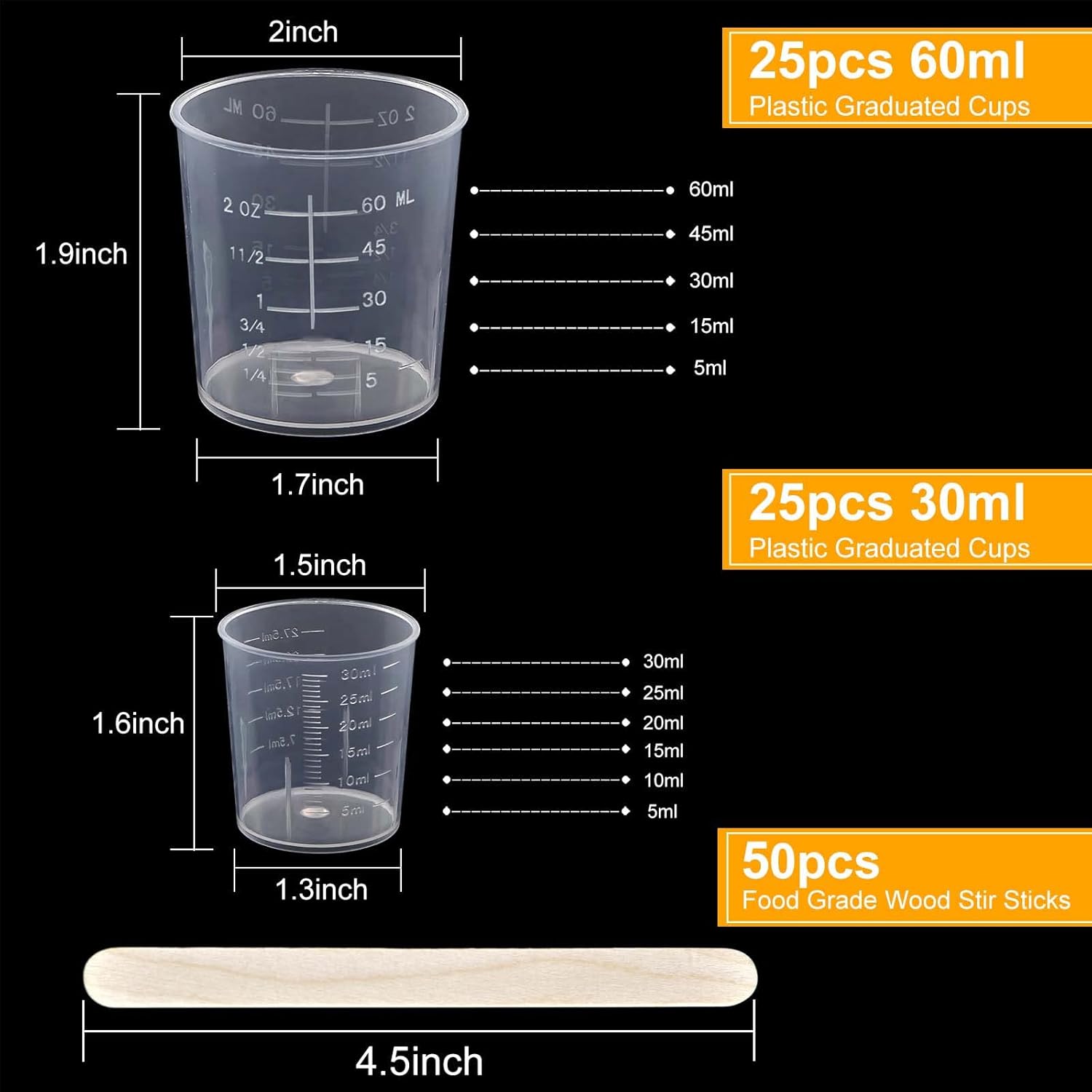 Coopay 50 Pack 60ml/2oz and 30ml/1oz Plastic Graduated Cups Transparent Scale Clear Epoxy Mixing Cup with 50 Pack Wooden Stirring Sticks for Resin, Epoxy, Stain, Mixing Paint - TrendyLookz