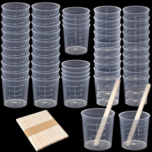 Coopay 50 Pack 60ml/2oz and 30ml/1oz Plastic Graduated Cups Transparent Scale Clear Epoxy Mixing Cup with 50 Pack Wooden Stirring Sticks for Resin, Epoxy, Stain, Mixing Paint - TrendyLookz