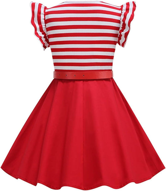 BILIKEYU Girls Striped Summer Beach Dress Flutter Sleeve Belt Waisted Color Block Ruffle A-Line Swing Casual