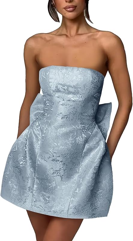 Xijun Short Jacquard Satin Homecoming Dresses for Teens Strapless Embroidery Mini Prom Cocktail Party Gown with Bow