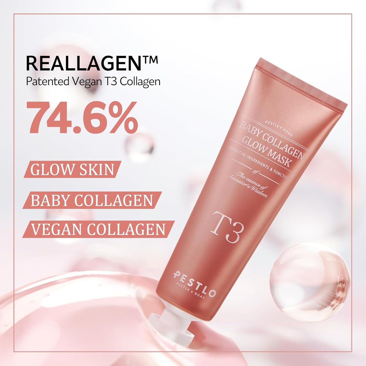 PESTLO Baby Collagen Glow Mask - Korean Peel Off Facial Mask Infused with Reallagen/T3 Vegan Collagen, Aginon, Volufiline for Hydrating, Firming, Glow, Glass Skin | Optional Overnight Use, 2.36 fl.oz