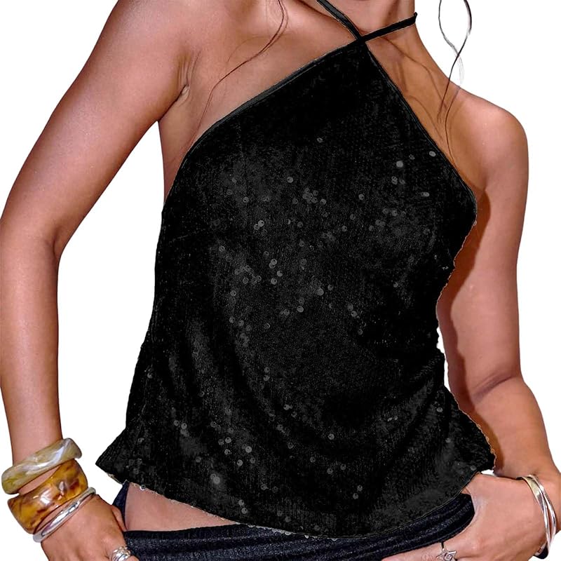Women Y2K Sequin Cami Top Sexy Sparkly V Neck Tank Top Backless Glitter Crop Tops Floral Rhinestone Clubwear