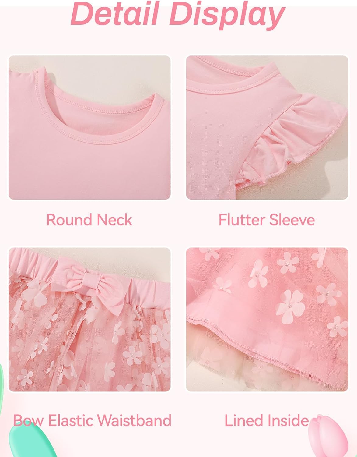 Naiyafly Girls Tulle Skirt Set Toddler Girls 2 Piece Outfits Kids Two Piece Ruffle Sleeve T-Shirt Bow Knot Tutu Dress Costume Birthday Party Outfit 3-8 Years