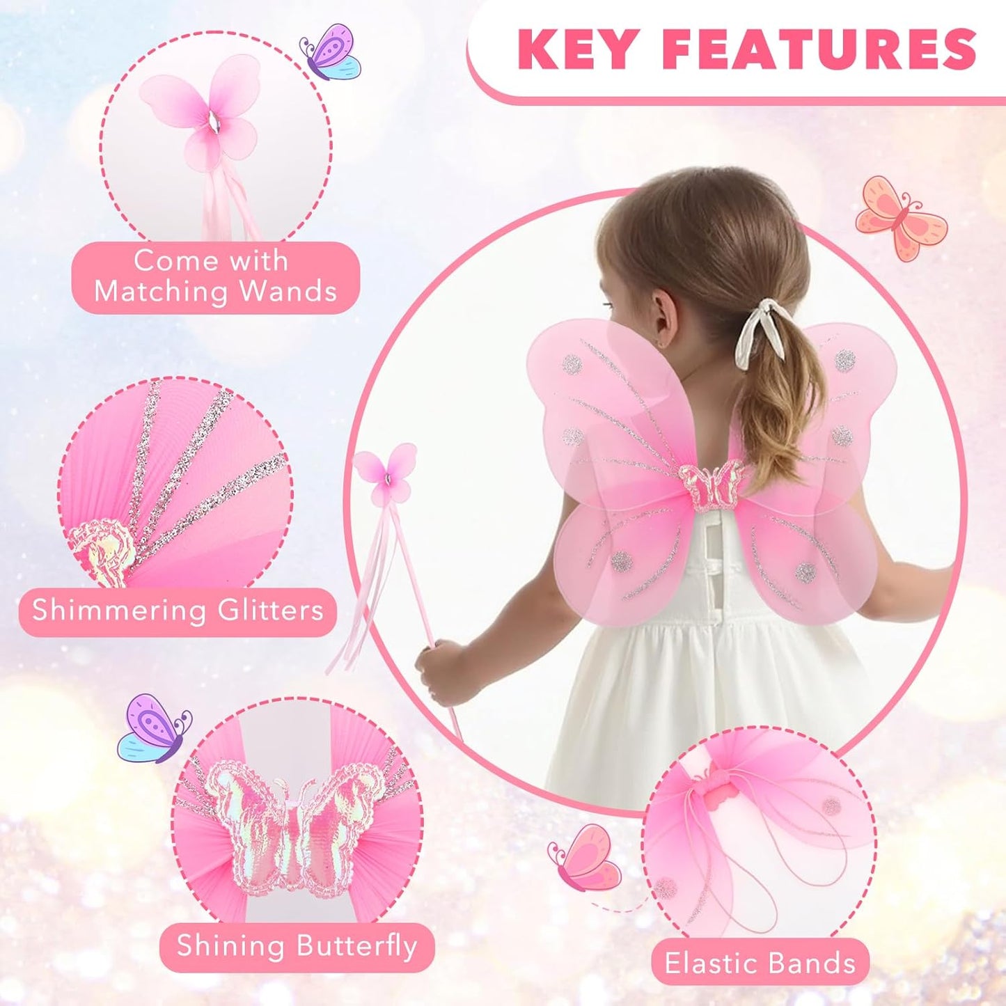 kilofly 6 Sets Angel Butterfly Wings Fairy Wands Princess Dress Up Costume