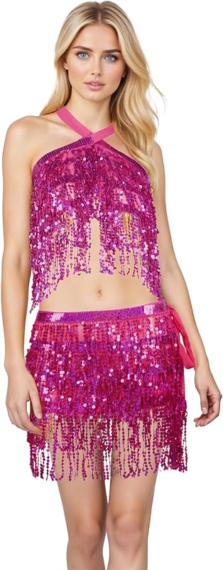 Sequin Skirts for Women (Waist/Bust Under 31.5"), Sparkly Skirts for Girls 2 Piece Set, Tassel Skirt for Kids, 2Pack