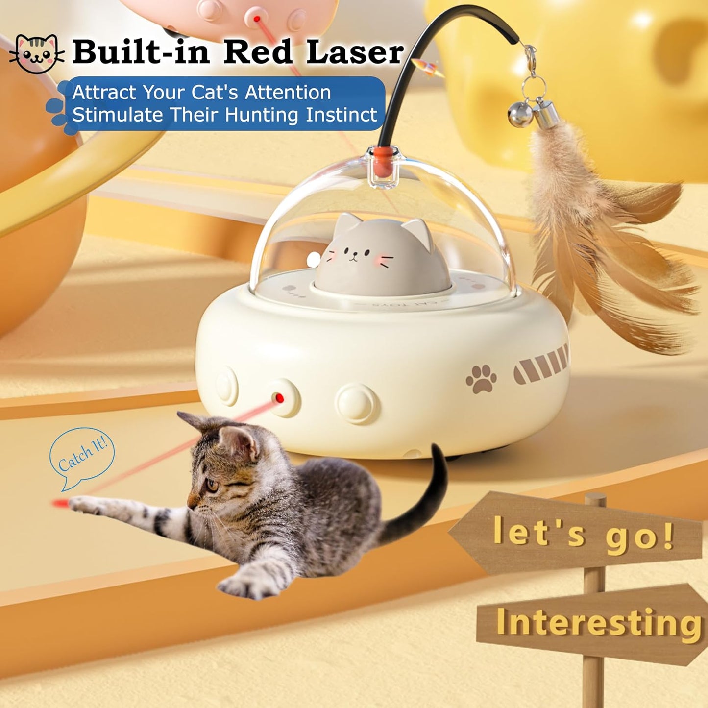 hooroor Laser Cat Toy for Indoor Cats,2 in 1 UFO-Vehicle Automatic Motion with Feather,Rechargeable Electronic Smart Sensor,Interactive Toys for Bored Cats\/Kittens\/Dogs,Ideal Gift for Pet Lover