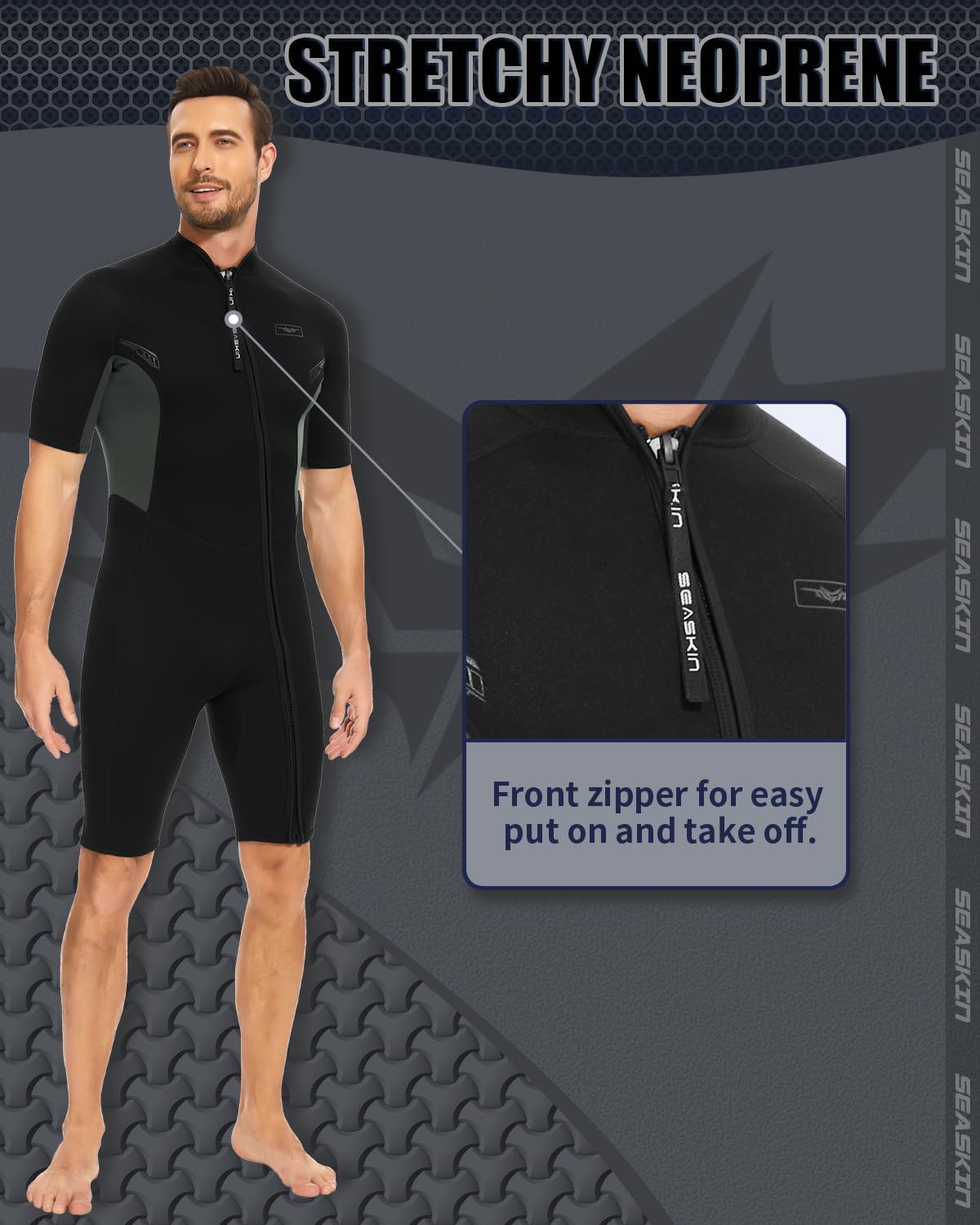 Seaskin Shorty Wetsuits for Mens Womens 2mm Front Zip Diving Suits