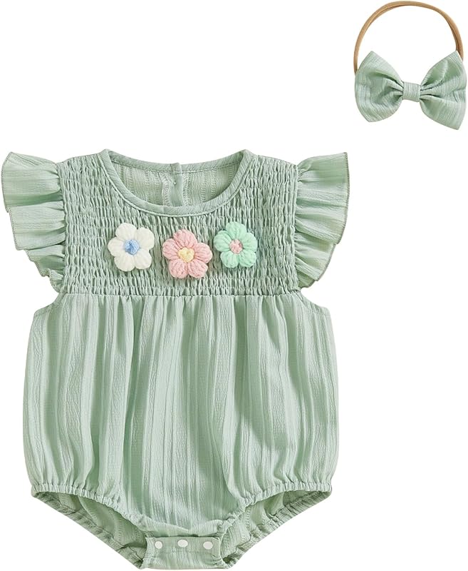 Newborn Baby Girl Outfits Cute 3D Knit Floral Summer Clothes Infant Fly Sleeve Bubble Romper Headband Clothing