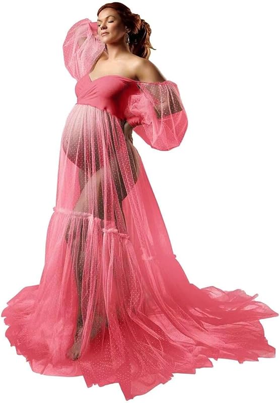Off Shoulder Tulle Maternity Dress for Photoshoot Puffy Sleeve Wedding Bridal Pregnancy Robe Baby Shower Photography