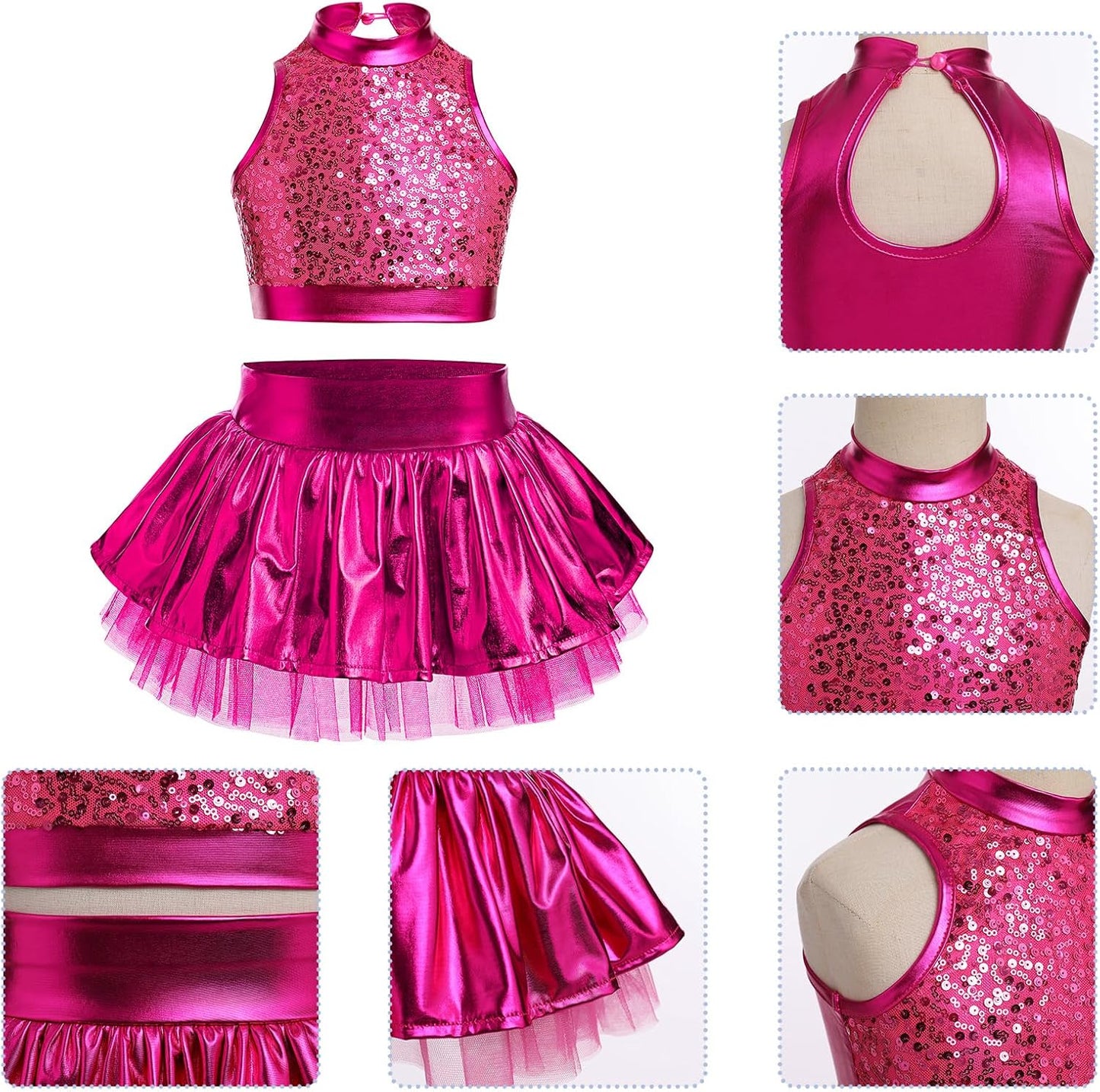 IBAKOM Girls Sequins Dance Outfits Halter Metallic Crop Top Camisole Tutu Skirt Hip Hop Clothes Kids Jazz Dance Costume