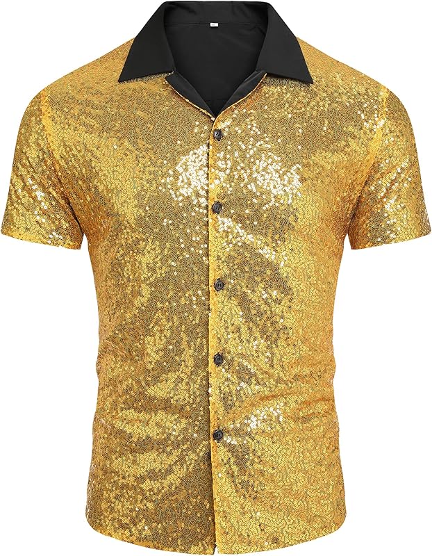 AstoSeu Men's Sequin Dress Shirt 70s Disco Costume Sparkle Party Short Sleeve Button Down Shirts