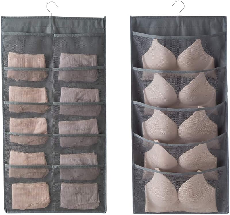 Enlarged Closet Hanging Bra Organizer with Rotating Metal Hanger, Dual Sided Wall Shelf Wardrobe Mesh Pockets Hanging Storage Bag for Bra Socks Underwear Underpants