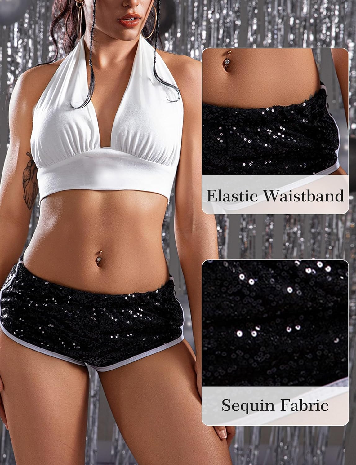 SEAUR Women's Sexy Sequins Booty Shorts Sparkly Low Waist Shorts Dance Rave Bottoms