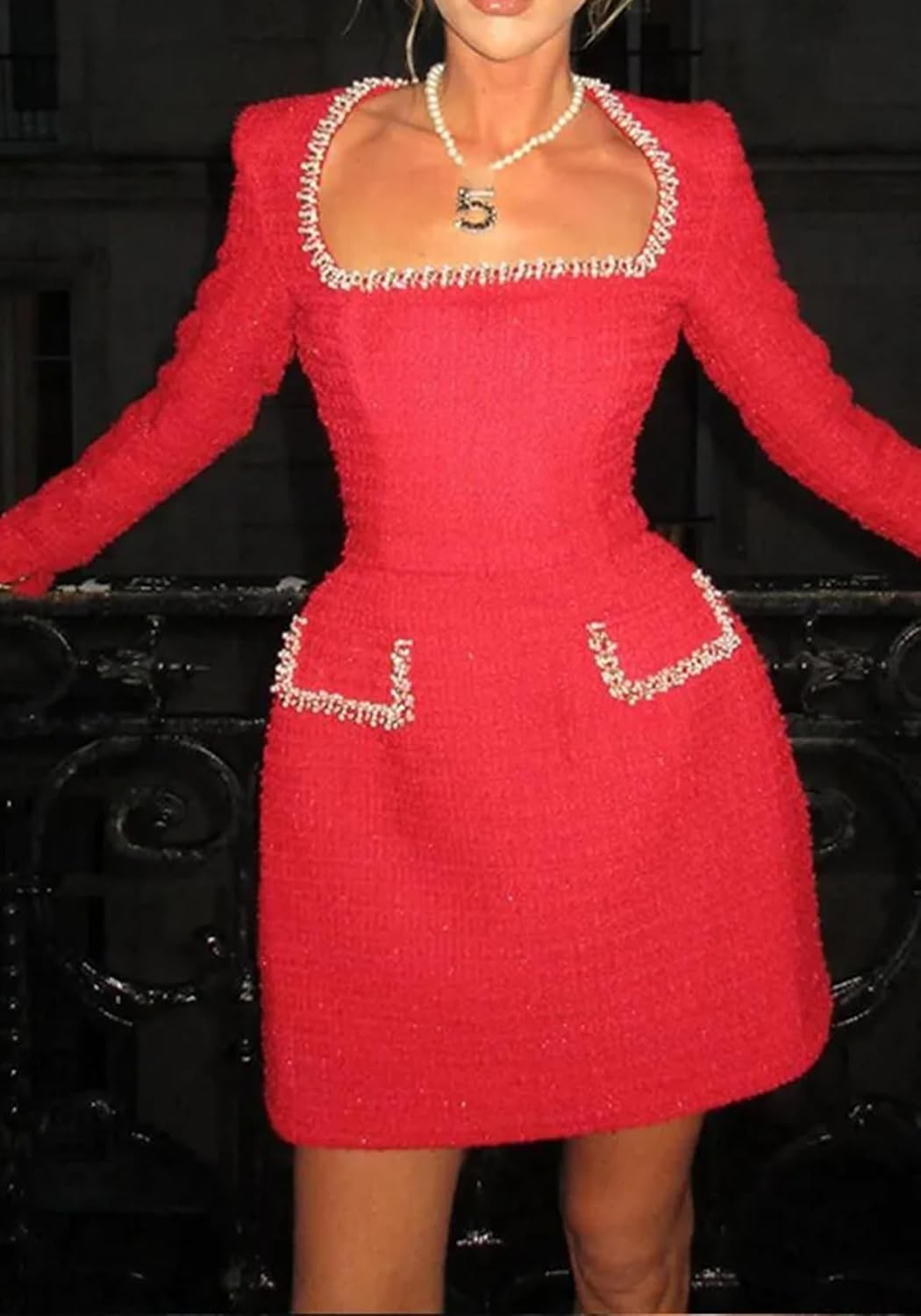 LETSVDO Women's Elegant Tweed Dress Long Sleeve Square Neck Pearl A Line Classy Formal Party Mini Dresses Fall 2024