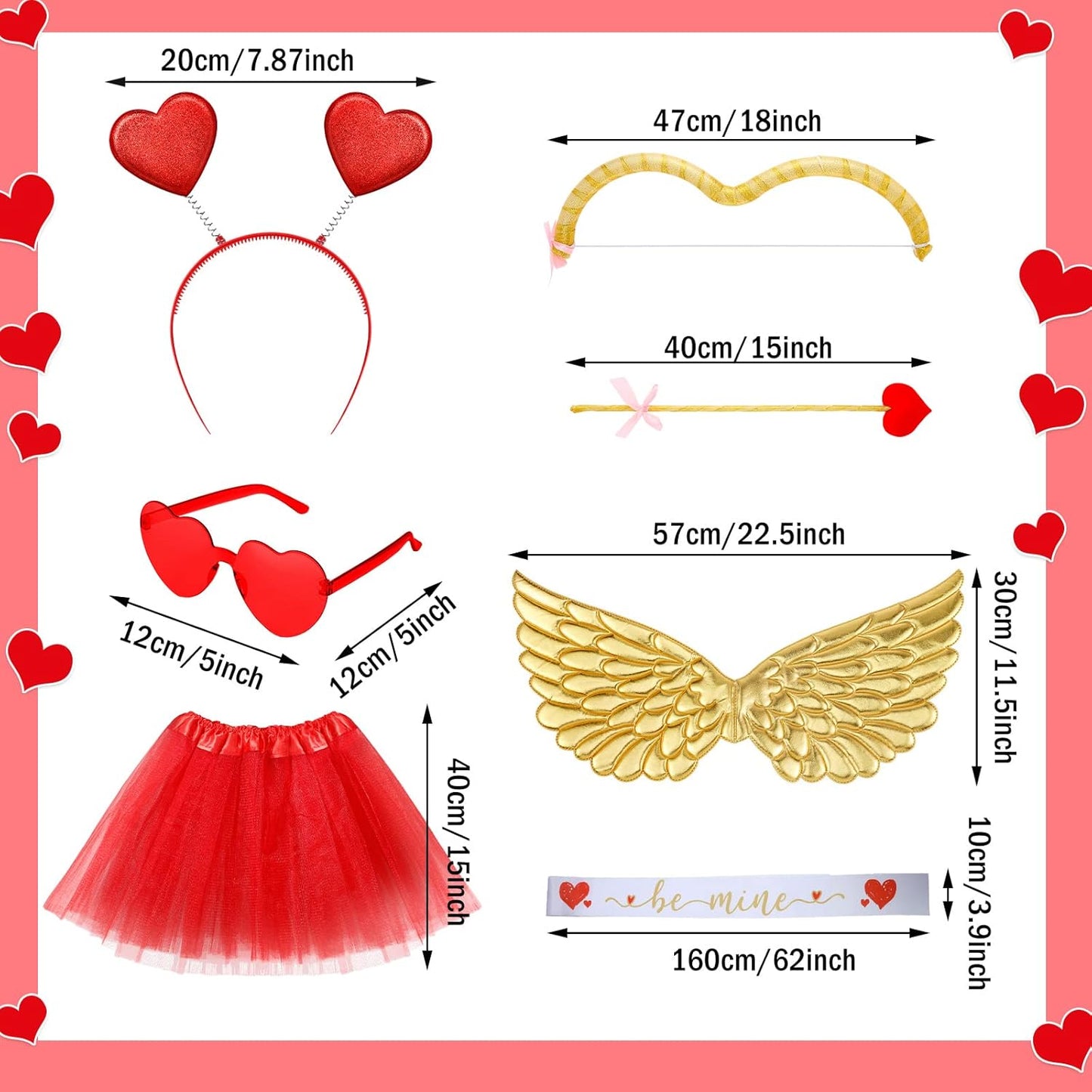 Marsui 7 Pcs Valentines Cupid Costume Set Valentine's Cupid Accessory Kit Includes Wings, Heart Sunglasses, Bopper Heart Headband, Body Sash, Bow and Arrow and Tutu Skirt for Women Men Adult Props Set