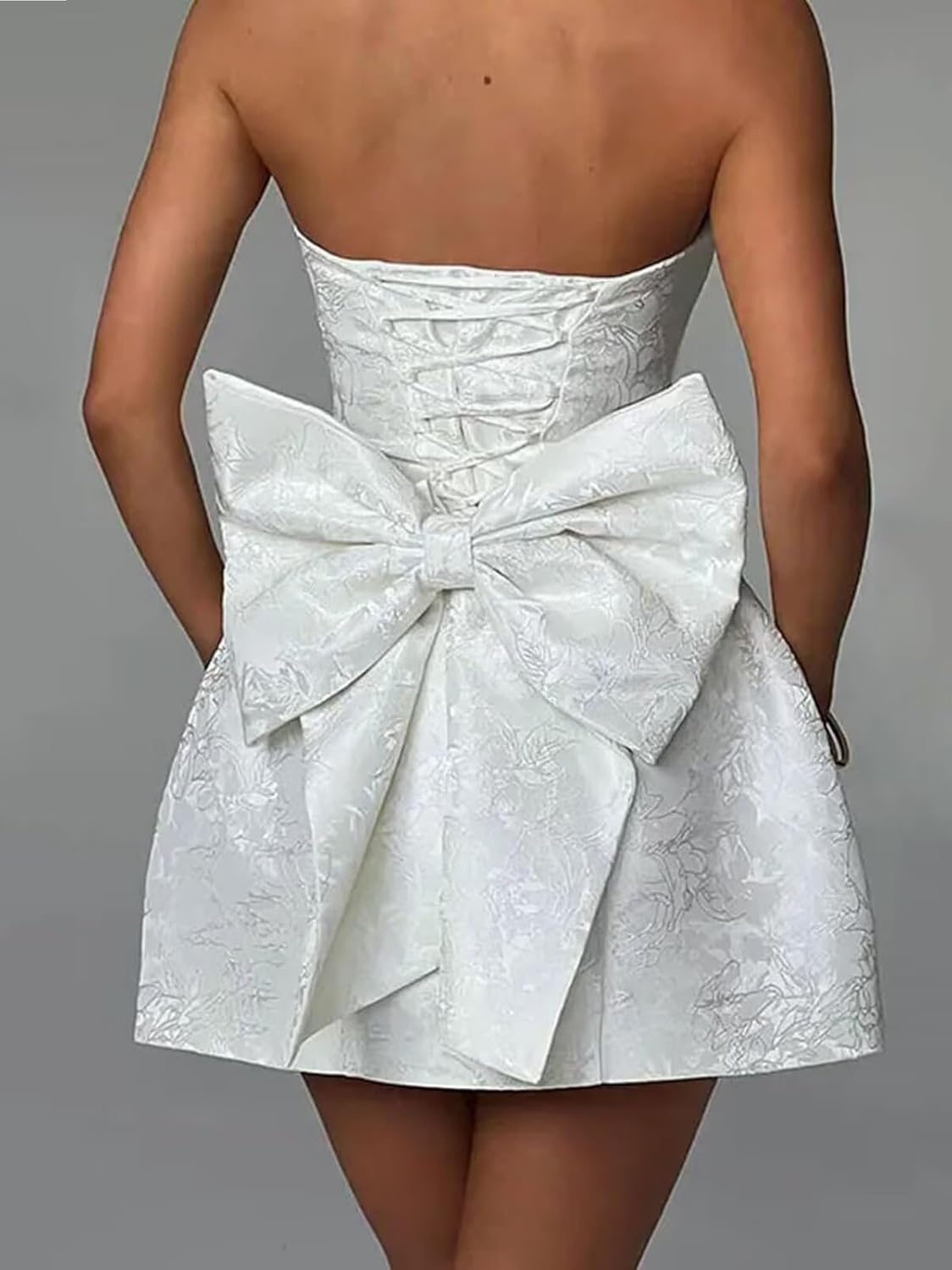 Xijun Short Jacquard Satin Homecoming Dresses for Teens Strapless Embroidery Mini Prom Cocktail Party Gown with Bow