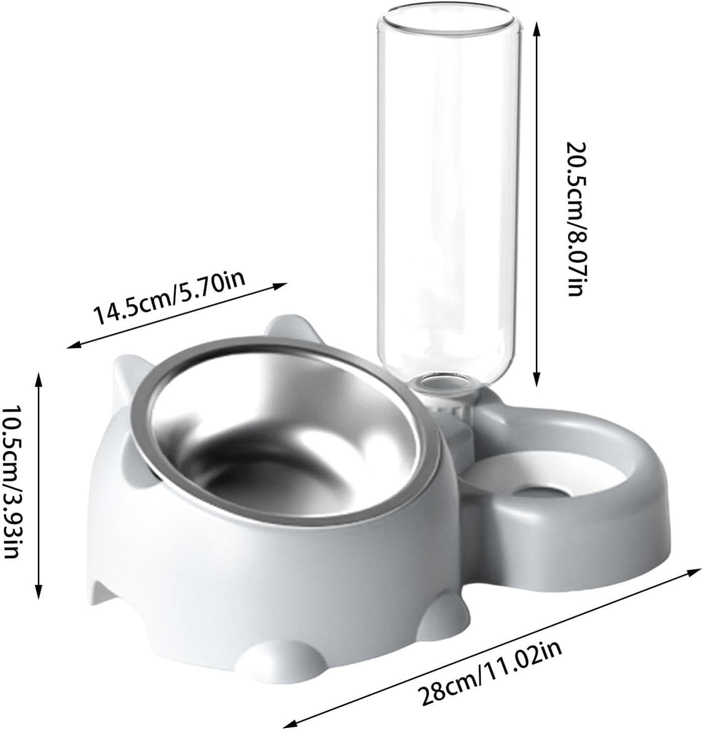 Double Dog Cat Bowls, Pets Water and Food Bowl Set, 15° Tilted Dishes with Water Dispenser, Pet Feeder Bowl Indoor for Kitten, Puppies, Small or Medium Size Dogs Cats (Grey)
