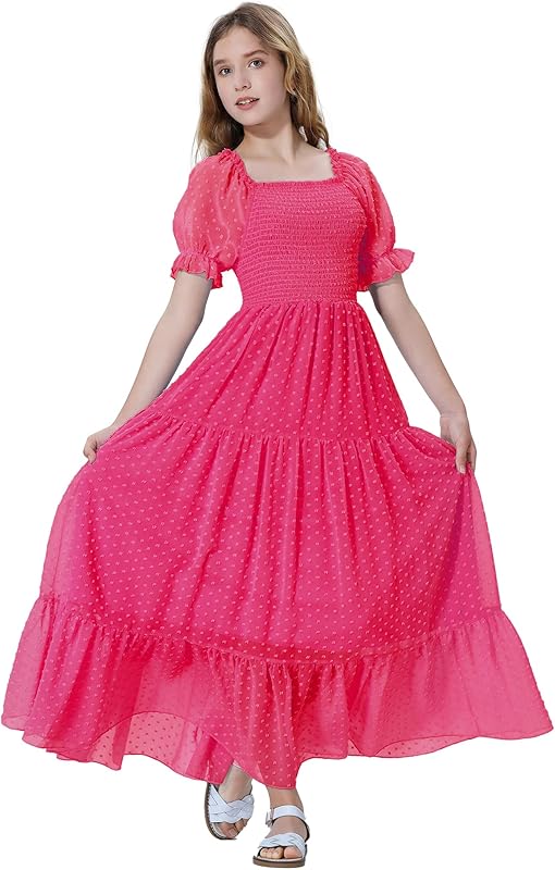 EXARUS Girls Maxi Long Smocked Dress Tween Swiss Dots Summer Square Neck Short Sleeve Casual A-line Dresses for 6-12Y