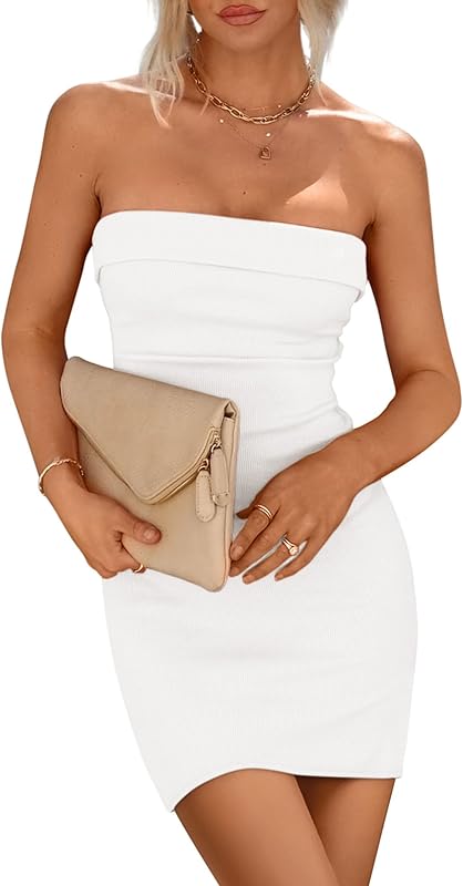 PRETTYGARDEN Summer Dresses for Women 2025 Strapless Off Shoulder Ribbed Knit Bodycon Elegant Classy Trendy Mini Beach Dress