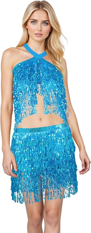 Sequin Skirts for Women (Waist/Bust Under 31.5"), Sparkly Skirts for Girls 2 Piece Set, Tassel Skirt for Kids, 2Pack