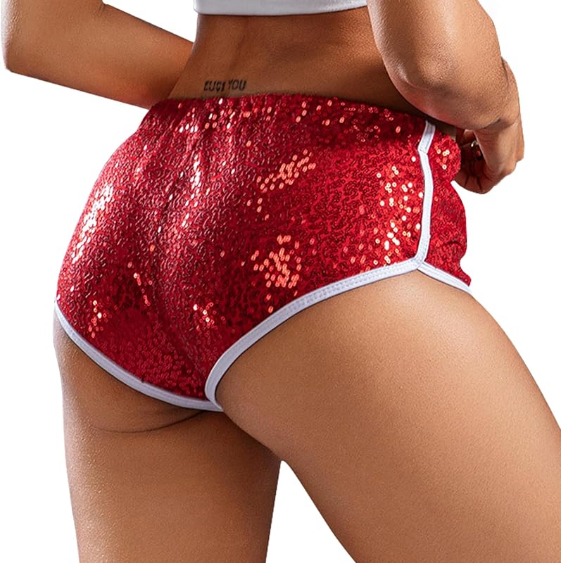 SEAUR Women's Sexy Sequins Booty Shorts Sparkly Low Waist Shorts Dance Rave Bottoms
