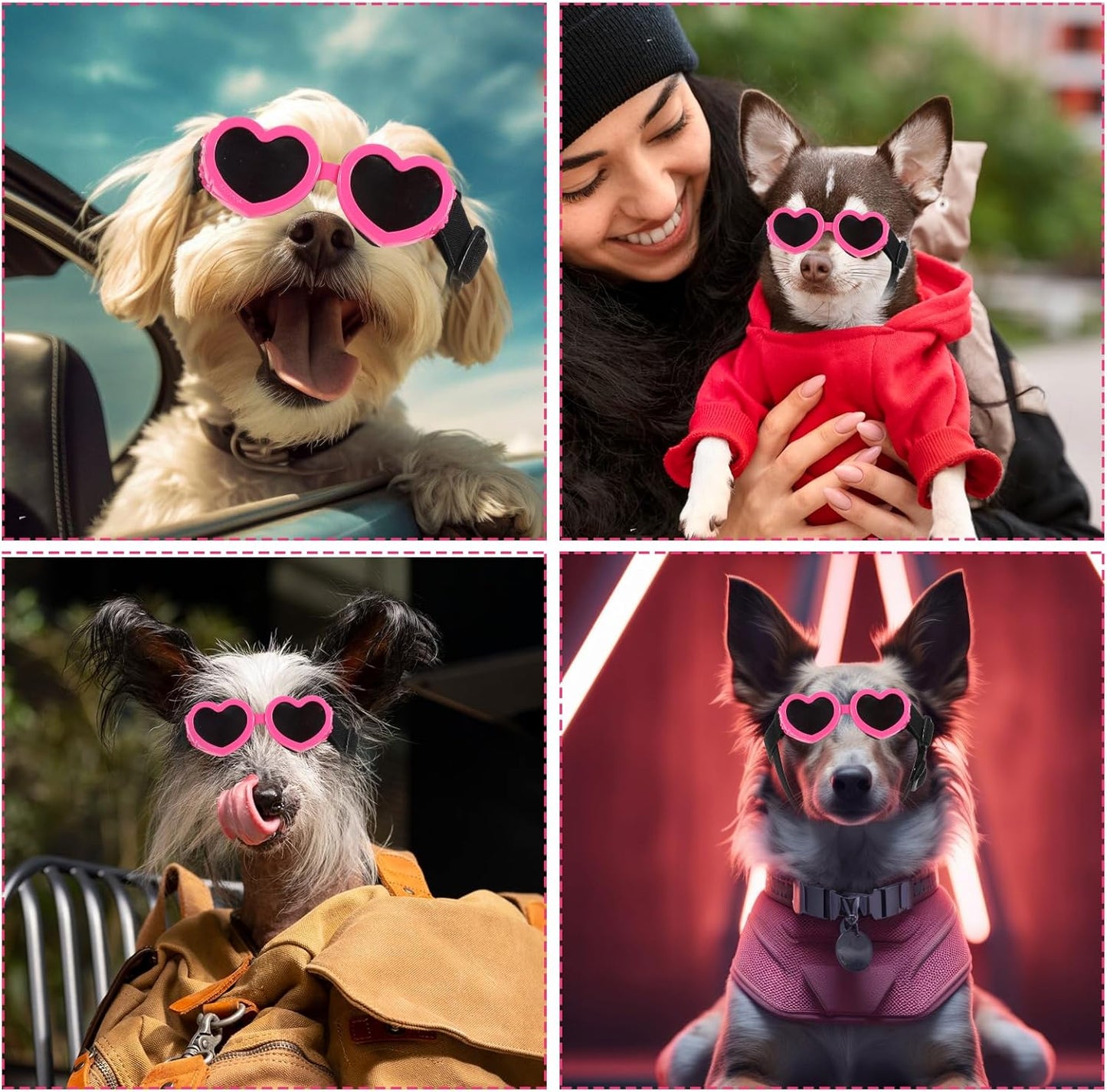 Small Dog Sunglasses UV Protection Goggles Eye Wear with Adjustable Strap, Heart Shape Anti Fog Windproof Glasses Pink Pet Sunglasses for Outdoor Activities and Photo Props