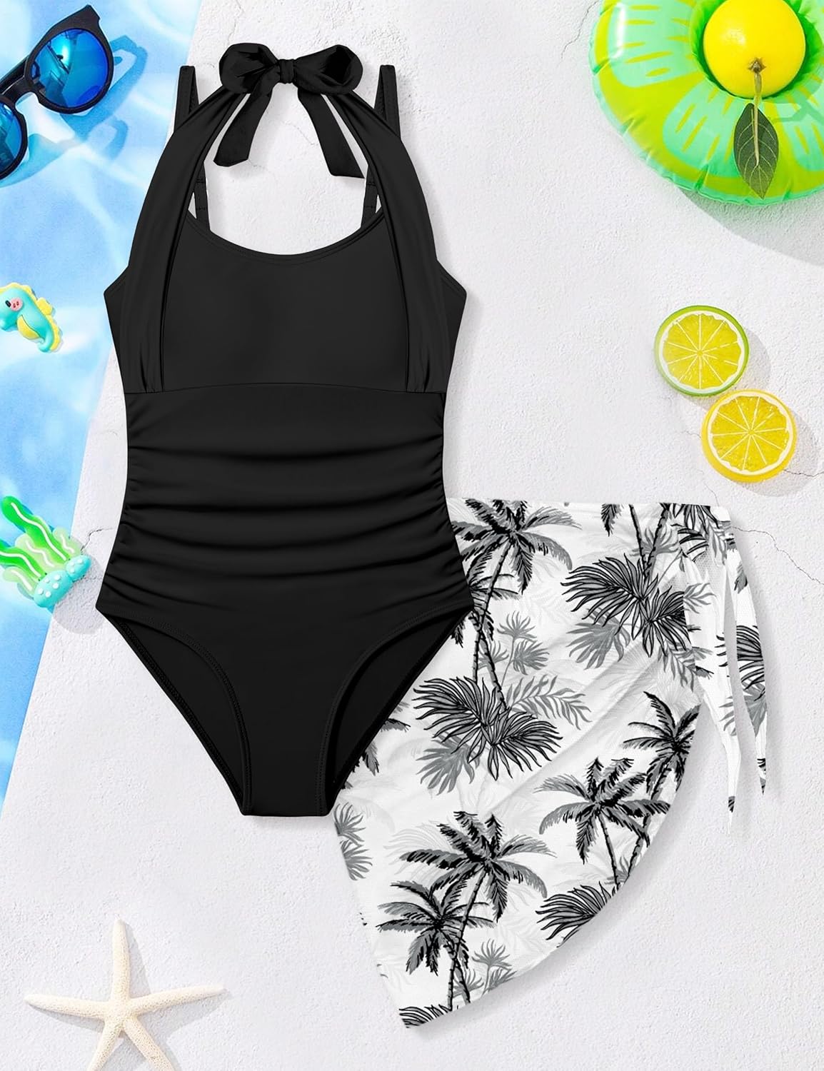 Girls Swimsuit Halter Neck One Piece Bathing Suit with Tropical Printed Cover Up Skirt Girls' Swimwear Set 7-18Y