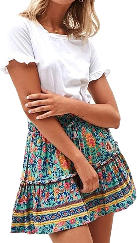 Hoerev Womens Girls Floral Flared Short Skirt Cute High Waist Ruffle Skirt Beach Mini Skirt