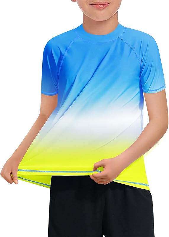 Haloumoning Boys Gradient Rash Guard Swim Shirt Short Sleeve UPF+ 50 Sun Shirts for Kids Rashguard Water Shirts