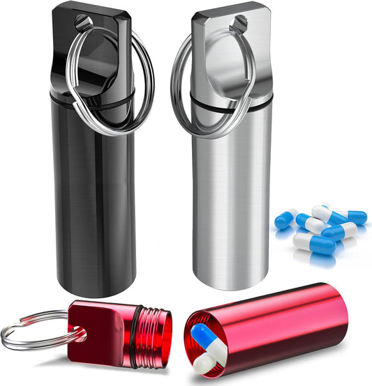 Keychain Pill Holder (Pack of 3), Aluminum Alloy Waterproof Portable Small Travel Medicine Bottle Case Container for Purse, Mini Metal Capsule/Tablet Keeper Pocket Organizer