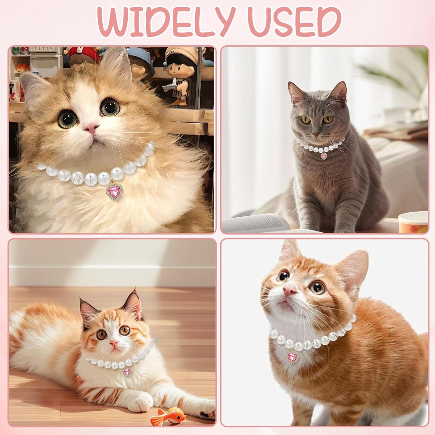 2Pcs Cat Pearl Collar with Heart Shape Pendant Rhinestone Cute Pearl Pet Necklace, Adjustable Size Small Dog Jewelry Accessories for Puppy Girl cat for Wedding Party