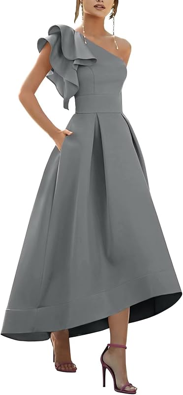 One Shoulder Satin Mother of Bride Dresses 2025 High-Low Ruffle Formal Evening Party Gowns