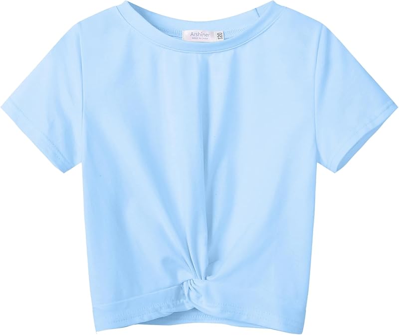 Arshiner Girls T-Shirts Twist Front Kids Summer Printed Round Neck Short Sleeve Tops Casual Fashion Tee Shirt for Girls 5-12 Years