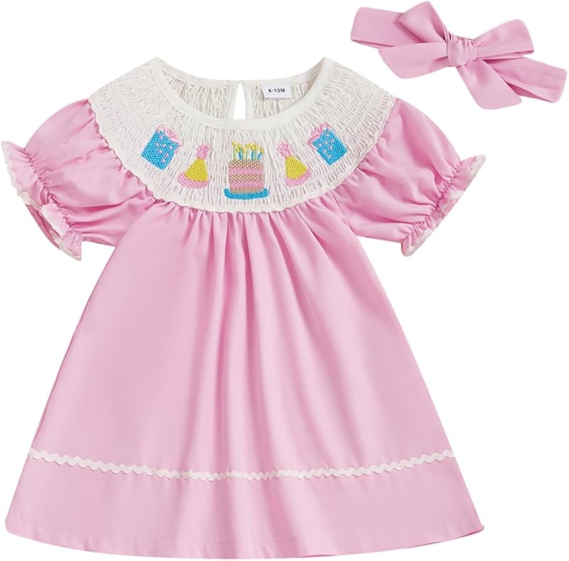 Pudcoco Toddler Baby Girls Birthday Smocked Bishop Dress Polka Dot Embroidery Short Sleeve A-line Pleated Dress