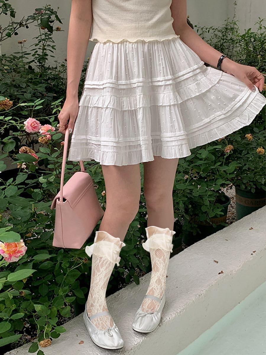 Benefeet Sox Fishnet Knee High Socks with Ruffles for Women Girls Kawaii Cute Fancy Frilly Lace Knee High Stockings with Bow