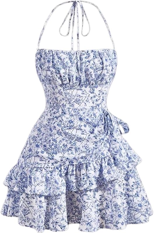 Narecte Summer Dresses for Women,Tie Halter Mini Dress,Floral Print Short Dress,Ruffle Trim Casual Dresses