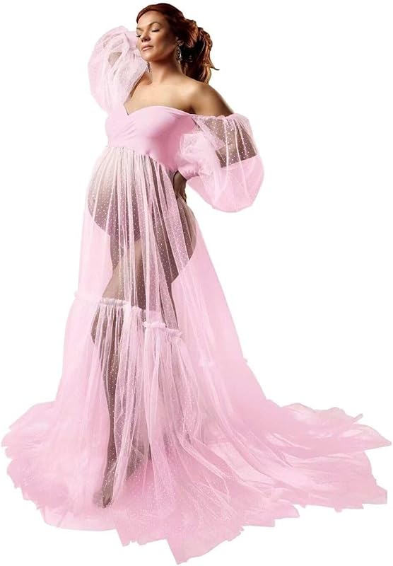 Off Shoulder Tulle Maternity Dress for Photoshoot Puffy Sleeve Wedding Bridal Pregnancy Robe Baby Shower Photography