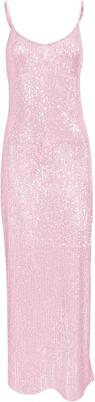 BOLLEY JOSS Women's Sequins Maxi Dress Sexy Spaghetti Strap Long Dress Sparkly Back Slit Bodycon Dresses