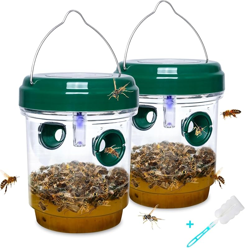 2 Pack Solar Wasp Traps Outdoor Hanging Carpenter Bee Traps for Outside Yellow Jacket Trap Hornet Trap Wasp Killer with UV LED Light Reusable Bee Catcher for Patio Garden