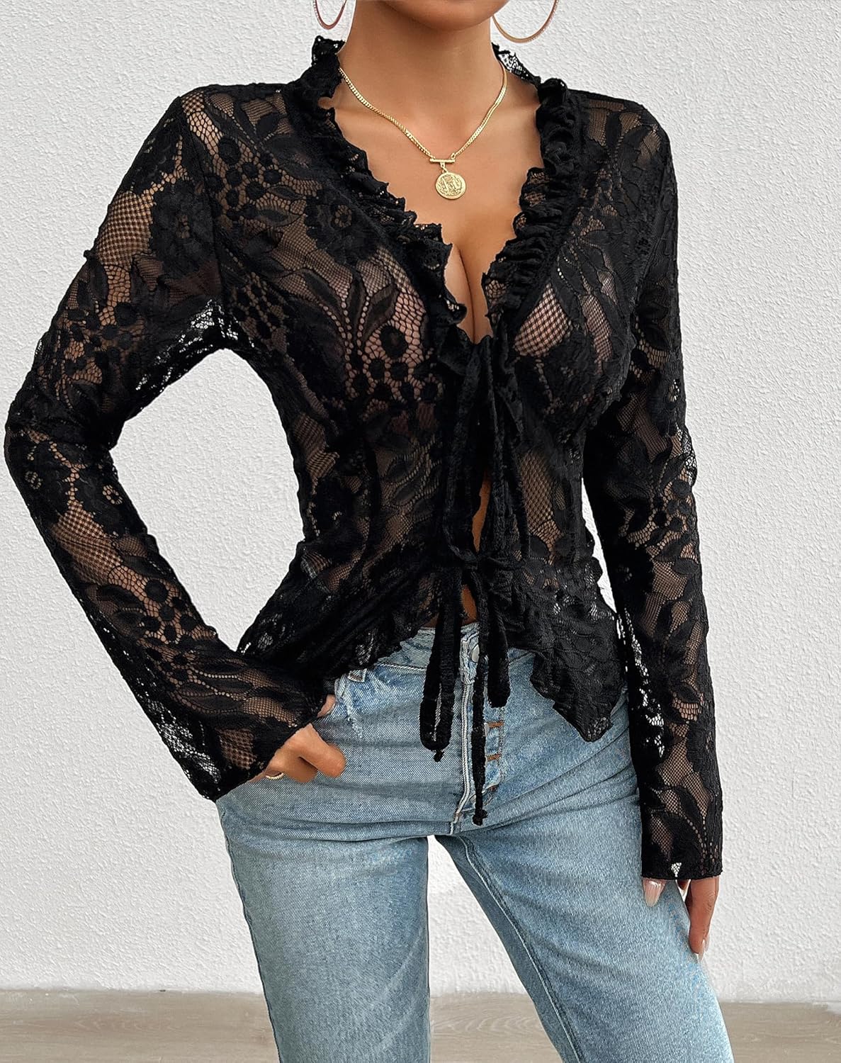 Lace Tops for Women Long Sleeve See Through Sexy Sheer Mesh Crop Top Shirt Open Front Tie Blouse Ruffle for Women